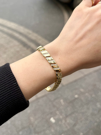 VIP Yatay Sıra Gömme Taşlı Yassı Bileklik 17 + 3 cm