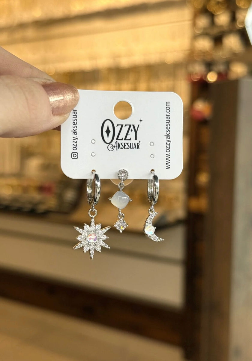 Sedefli Güneş Model 3'lü Set Küpe Gümüş Renk