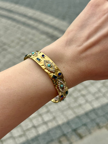 Taş İşlemeli Göz Model Ezme Çelik Yarım Kelepçe Bileklik