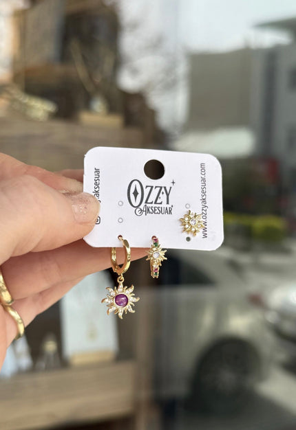 Pırıltılı Mor Taşlı Güneş Model 3'lü Set Küpe