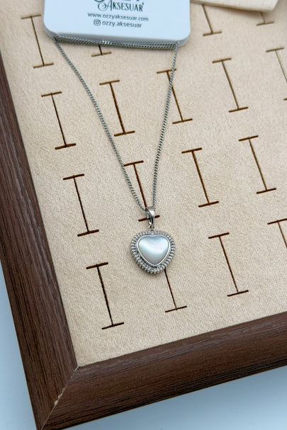 VIP Gerçek Sedefli Kalp Kolye 45cm Gümüş Renk