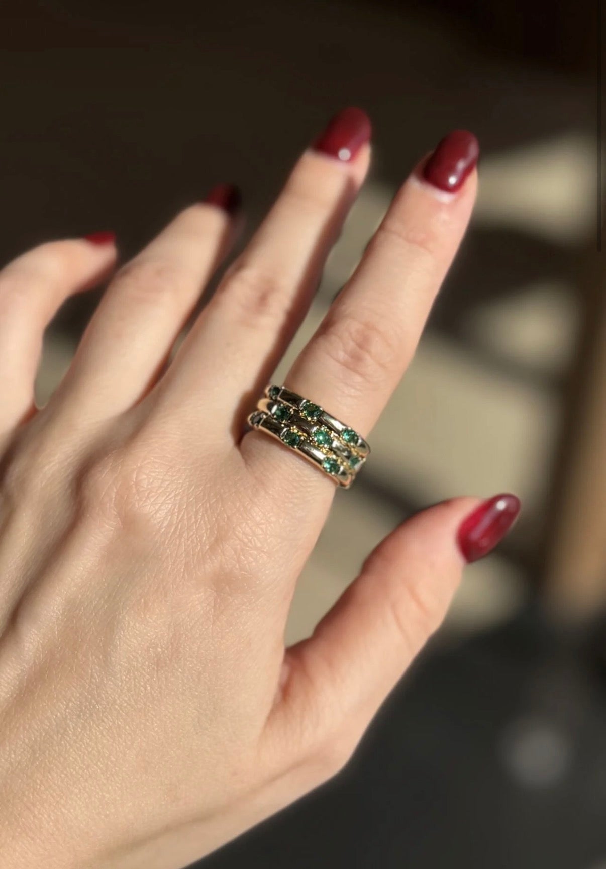 Gömme Taş İşlemeli 3 Sıra Bombe Model Ayarlanabilir Yüzük Yeşil Taşlı