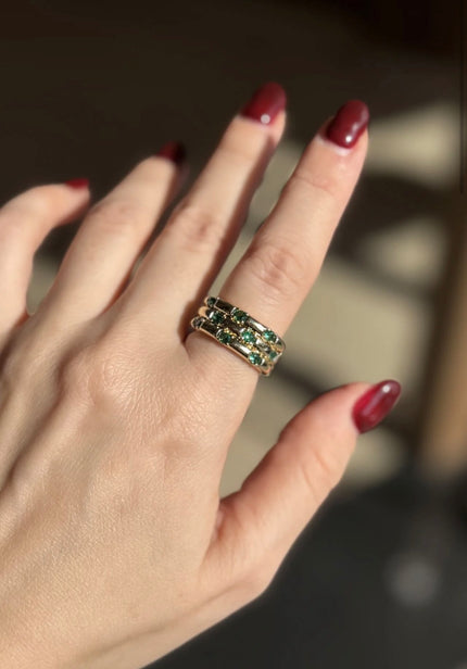 Gömme Taş İşlemeli 3 Sıra Bombe Model Ayarlanabilir Yüzük Yeşil Taşlı