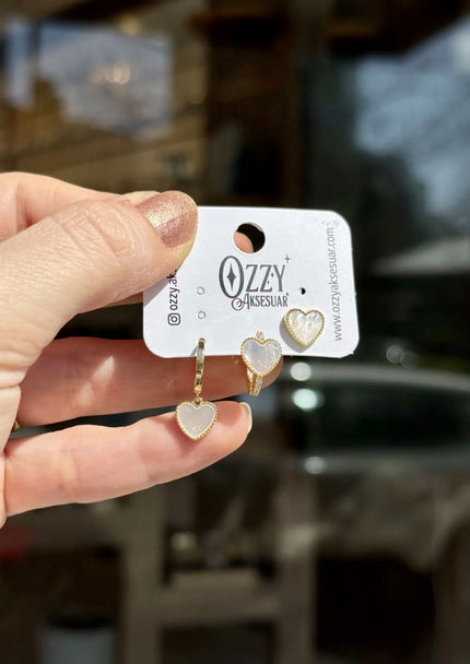 Sedefli Kalp Model 3'lü Set Küpe