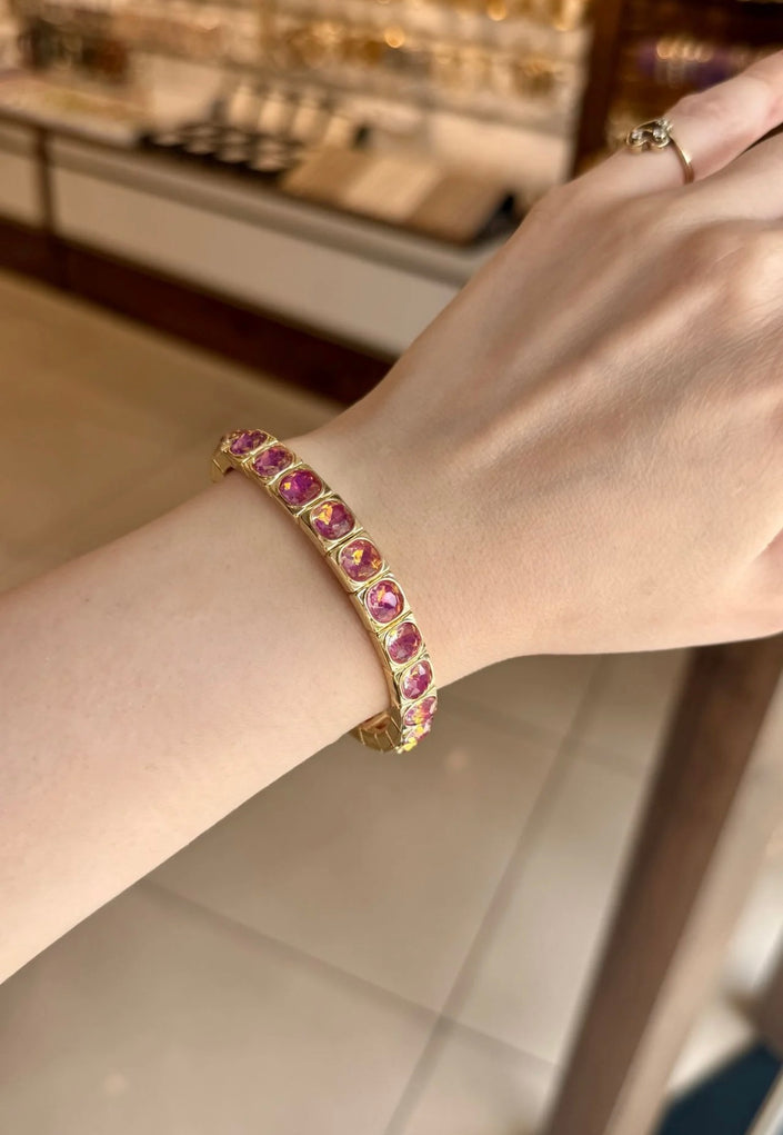 Sıra Taşlı Porselen Kaplama Lastikli Bileklik Fuşya