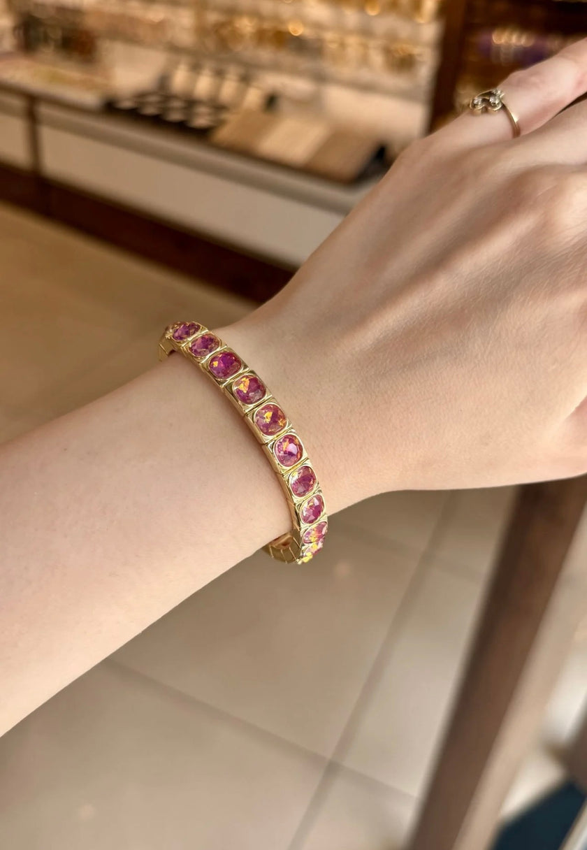 Sıra Taşlı Porselen Kaplama Lastikli Bileklik Fuşya
