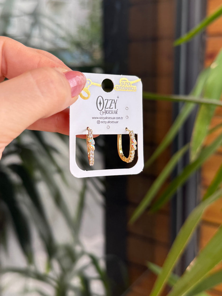 VIP Çift Damla Opal Renk Taşlı Oval Halka Küpe