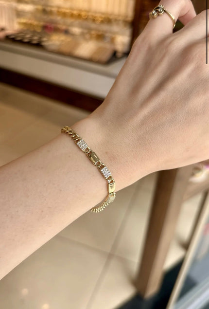 VIP Ortası Gömme Taş Detaylı Royal Link Bileklik 16 + 3 cm 14K