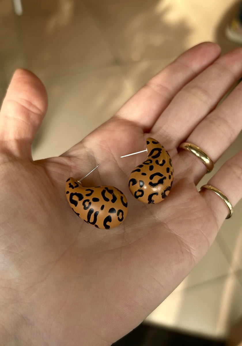 Leopar Desenli Damla Küpe Kahve