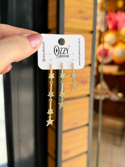 Gömme Taşlı Uzun Sallantılı Yıldız Küpe