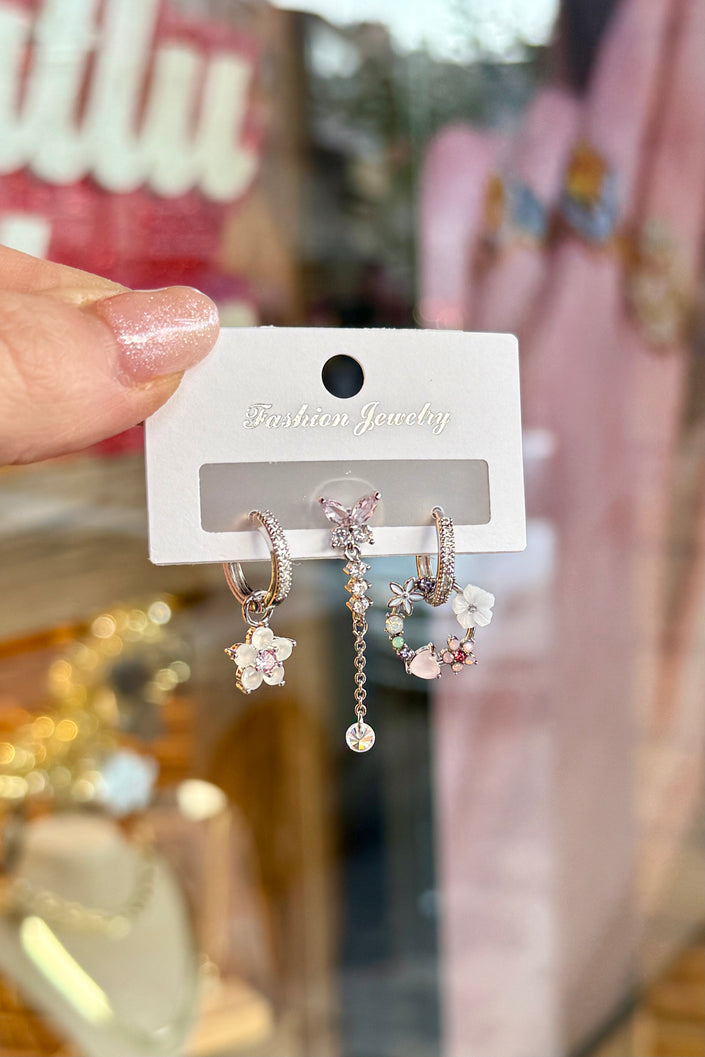 Zirkon Taşlı Kelebek Model 3'lü Set Küpe Gümüş Renk