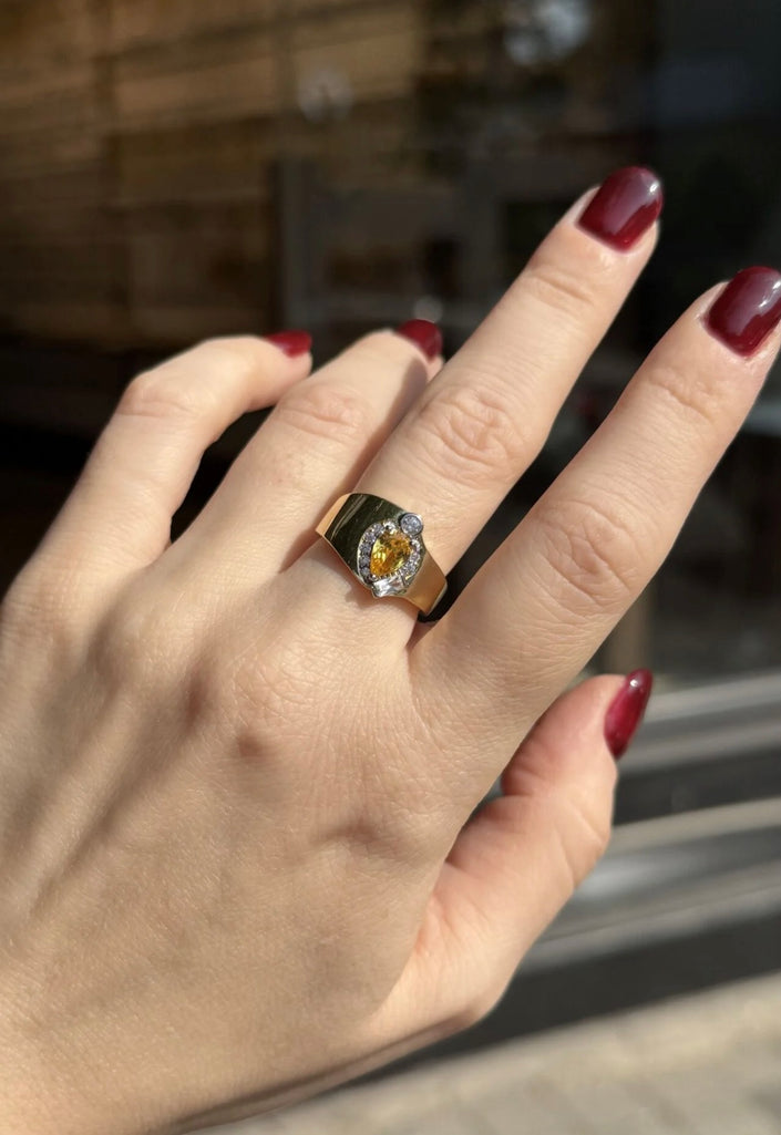 Sarı Damla Zirkon Taşlı Ayarlanabilir Yüzük 14K