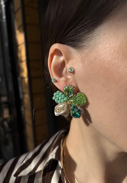 Kristal ve Taş İşlemeli Çiçek Küpe Yeşil