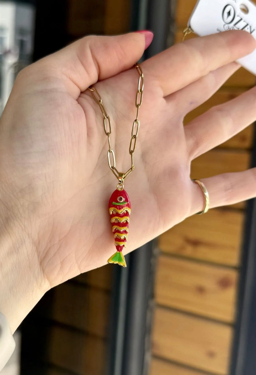 Oval Zincir Mineli Balık Model Çelik Kolye 45 cm Kırmızı