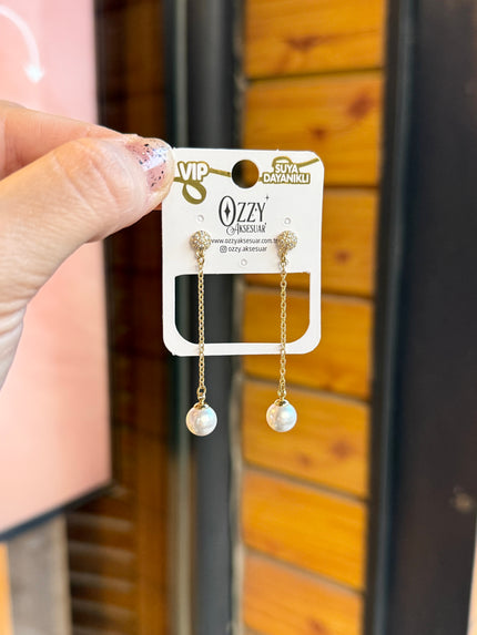Suya Dayanıklı Top İnci Sallantılı Zincir Küpe