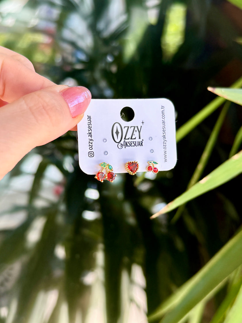 Zirkon Taşlı Kiraz Model 3'lü Set Küpe