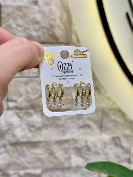 VIP 3 Taş Sallantılı Çoklu Görünüm Küpe