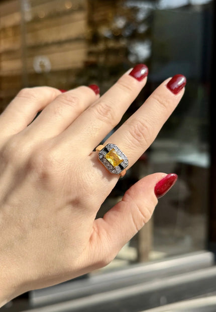 Sarı Elmas Kesim Baget Taşlı Mine Detay Ayarlanabilir Yüzük 14K