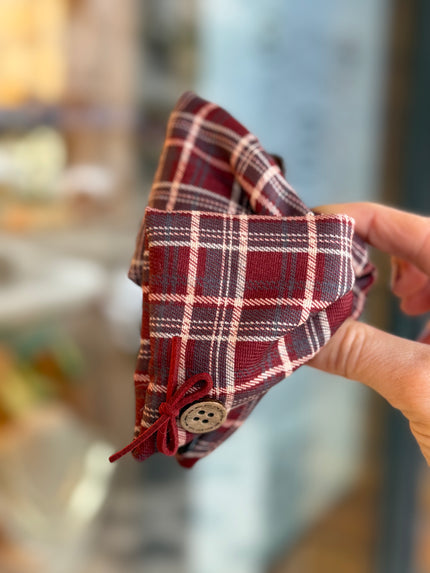 Düğme Detay Ekoseli Kumaş Üçgen Mandal Toka Bordo