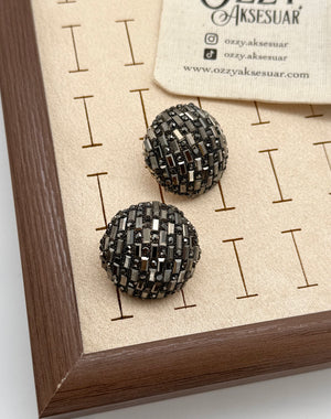 Taş İşlemeli Yuvarlak Küpe Antrasit Taş