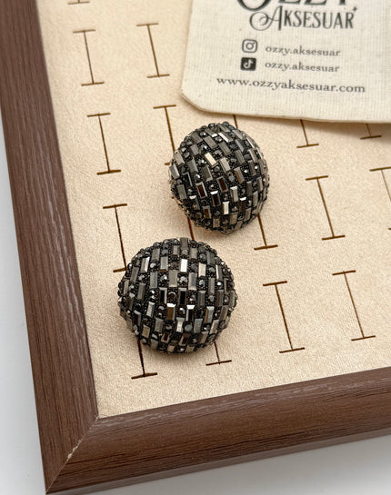 Taş İşlemeli Yuvarlak Küpe Antrasit Taş