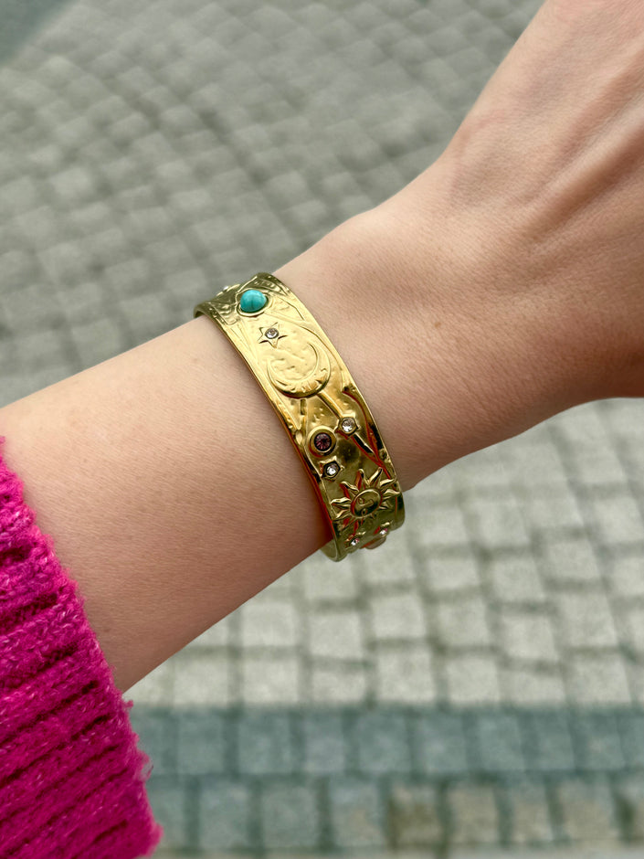 Ay Güneş İşlemeli Çelik Yarım Kelepçe Bileklik