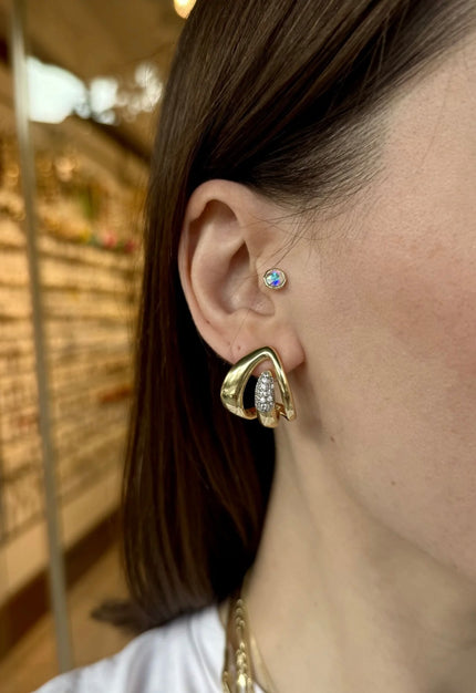 Ortası Gömme Zirkon Taşlı 3 Sıralı Damla Model Küpe 14K