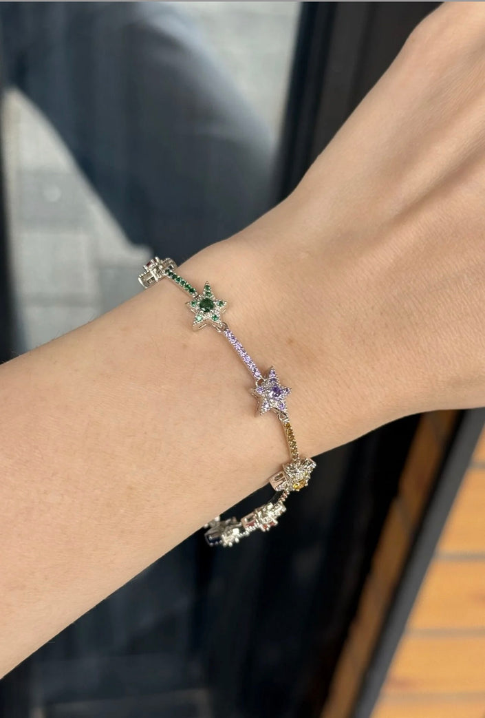 Renkli Zirkon Taş İşlemeli Yıldız Detay Bileklik 17 + 2 cm Gümüş Renk