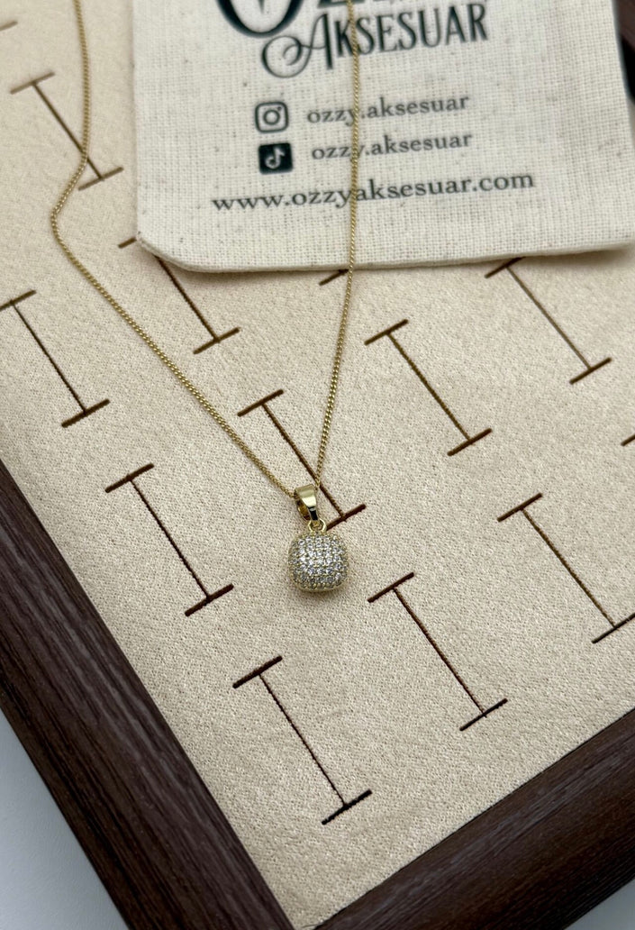 VIP Gömme Taş İşlemeli Bombe Uç Kolye 45 cm 14K