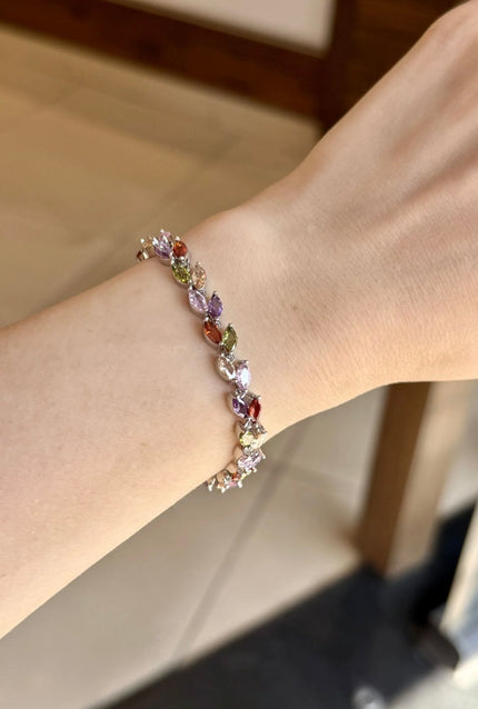 Renkli Yaprak Zirkon Taşlı Bileklik Gümüş Renk