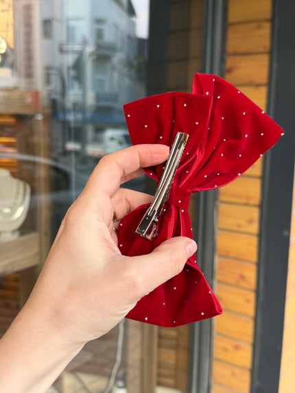 Minik Taşlı Süet Fiyonk Pens Toka Bordo