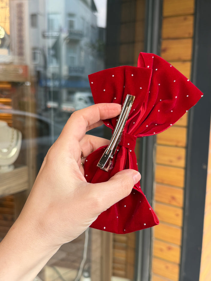 Minik Taşlı Süet Fiyonk Pens Toka Bordo