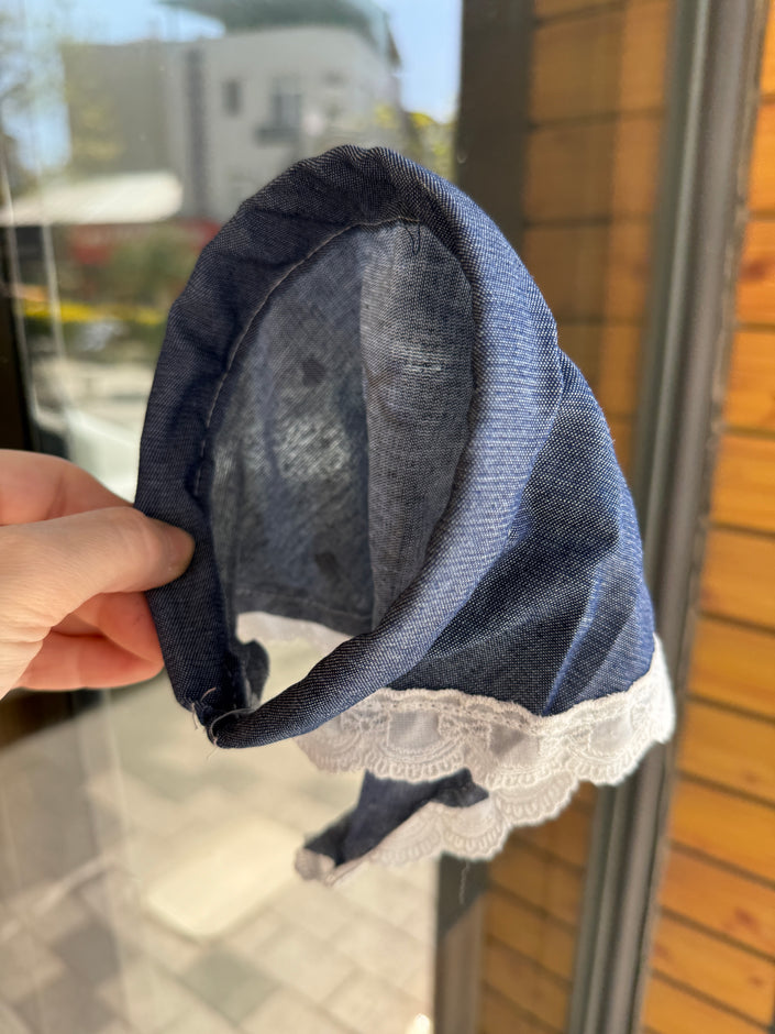 İnce Kot Kumaş Taş Detaylı Yarım Bandana Taç Toka Koyu Renk