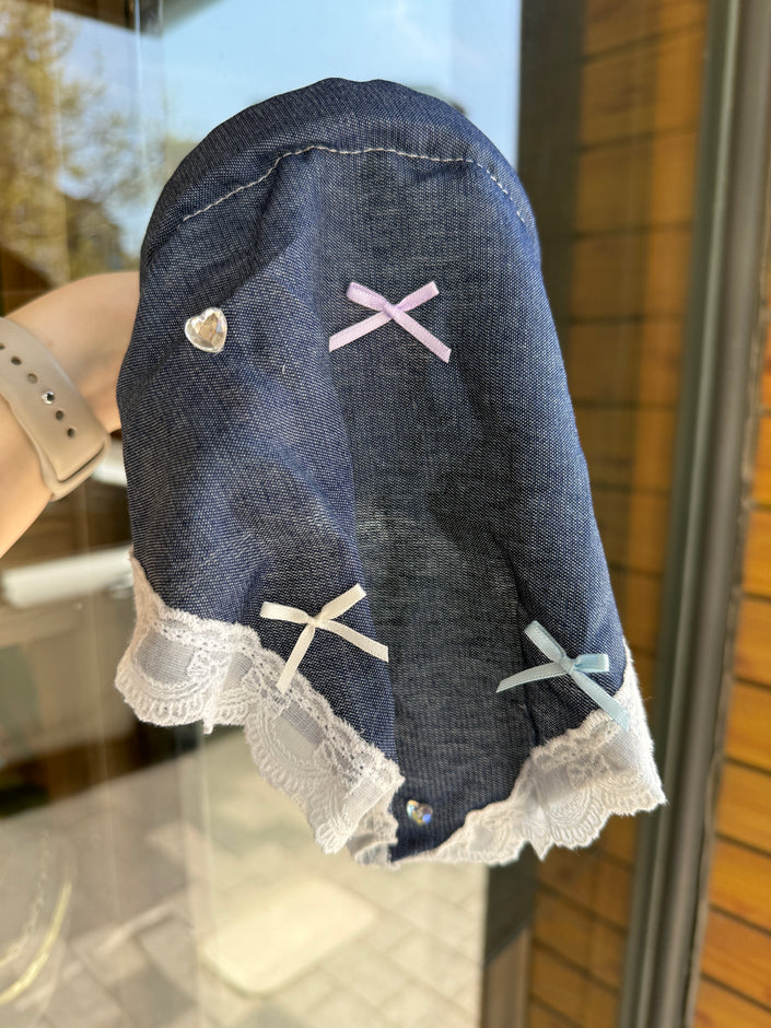 İnce Kot Kumaş Taş Detaylı Yarım Bandana Taç Toka Koyu Renk