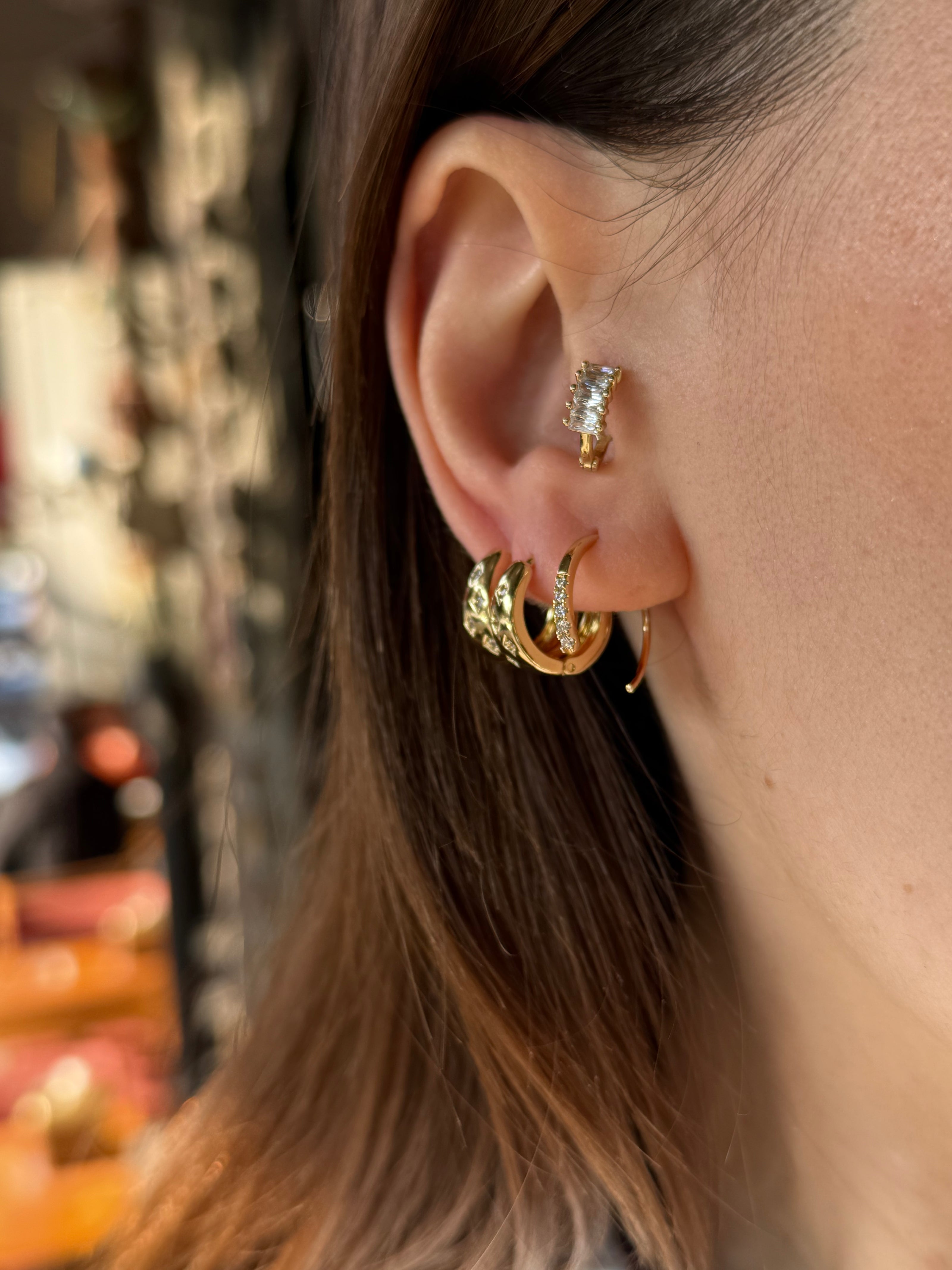 VIP Sıra Taşlı Yarım Halka Hilal Küpe 14K