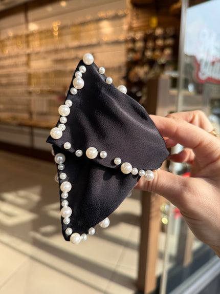 Zımbalı İnci İşlemeli Saten Mandal Toka Siyah