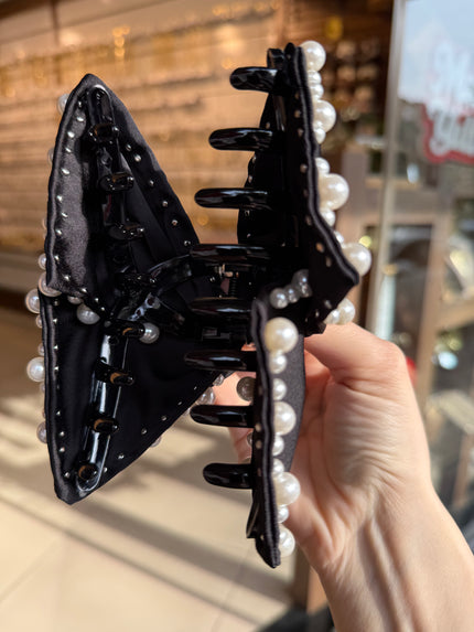 Zımbalı İnci İşlemeli Saten Mandal Toka Siyah