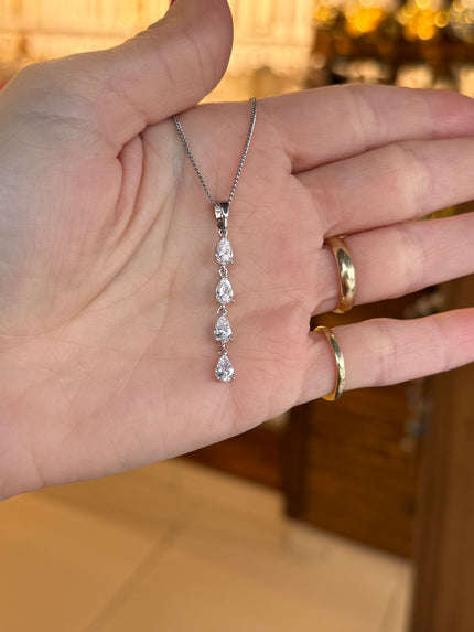 VIP 4 Sıra Damla Taşlı Kolye 45 cm Gümüş Renk