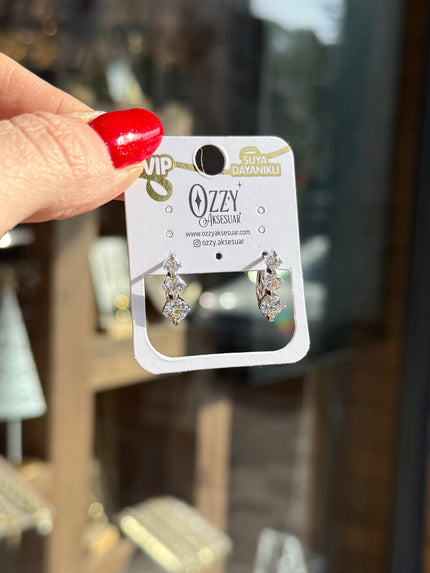 VIP 3 Boy Sıra Zirkon Taşlı Halka Küpe Gümüş Renk