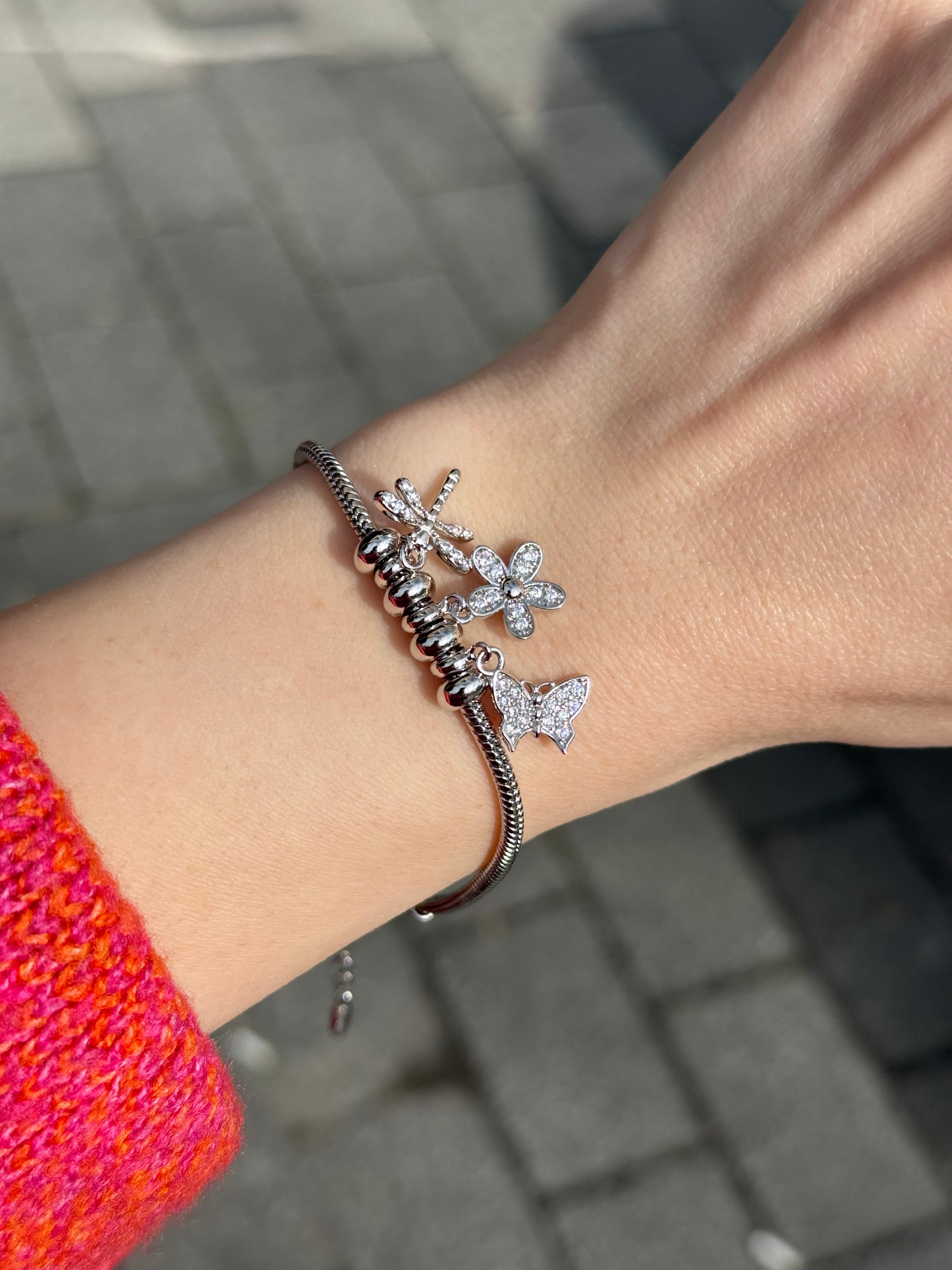 VIP 3 Charmlı Halat Örgü Bileklik Gümüş Renk 17 + 4 cm