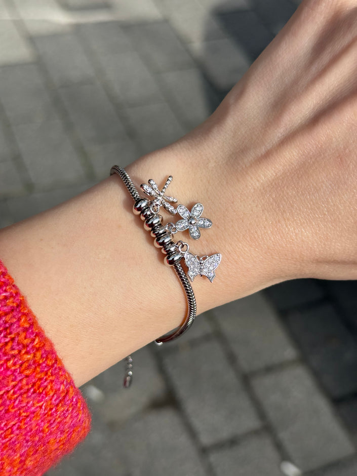 VIP 3 Charmlı Halat Örgü Bileklik Gümüş Renk 17 + 4 cm