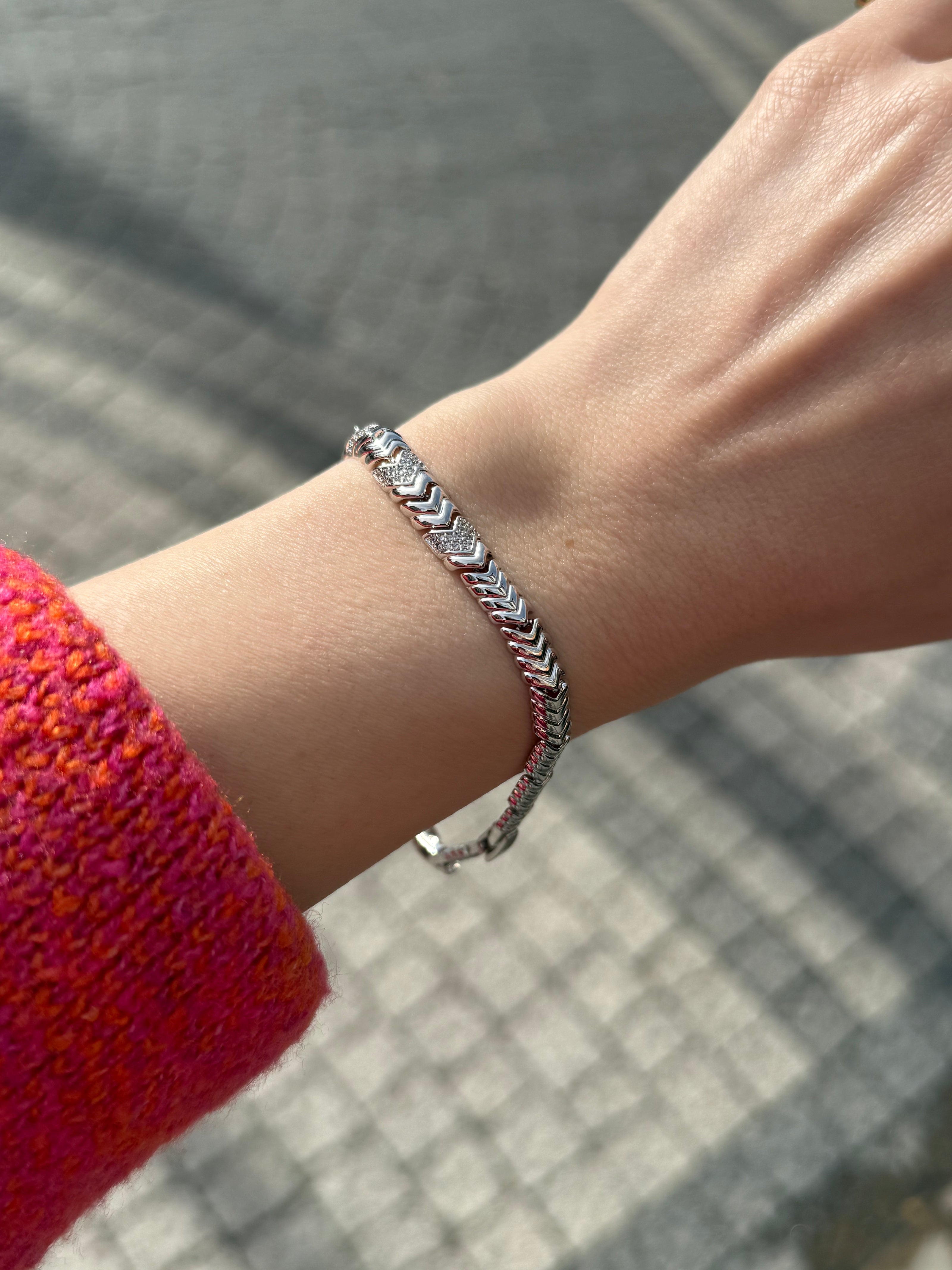 VIP Zigzag Gömme Taşlı Yılan Sırtı Bileklik Gümüş Renk 17 + 2 cm
